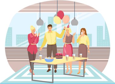 Doğum günü partisi, ofiste eğlenceli bir eğlence. İşçiler bayram düzenler, meslektaşlarını tebrik ederler.