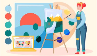 Çevrimiçi boya atölyesi konsepti. Resim ve fırça ile sanatsal yaratıcılık süreci ve uzak mesafe öğrenimi