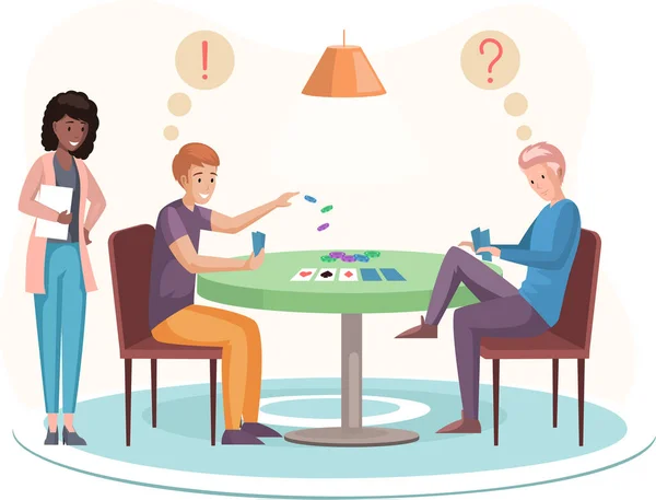 Ευτυχισμένοι αδελφοί οικογένεια ή τους φίλους που κάθονται στο τραπέζι και να παίζει λογική στρατηγική επιτραπέζιο παιχνίδι καρτών — Διανυσματικό Αρχείο