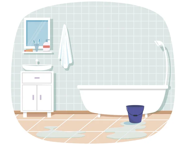 家庭内部。浴室，白色家具蓝色背景。浴缸、水池、镜子、架子 — 图库矢量图片