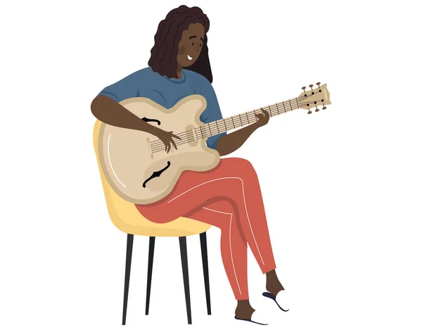 Žena zpívá píseň. Holka sedí na židli a hraje na kytaru. Osoba vytváří hudbu, kytarista hudebník — Stockový vektor