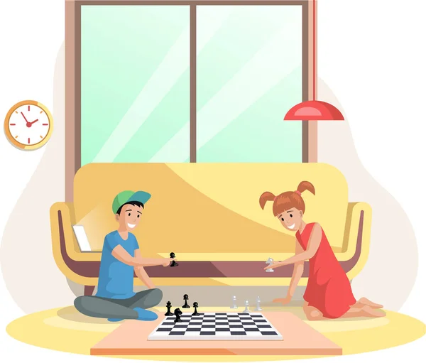 Παιδιά που παίζουν επιτραπέζια παιχνίδια μαζί. Παιδιά αγόρια και κορίτσια φίλοι παίζουν σκάκι καθισμένοι στο πάτωμα — Διανυσματικό Αρχείο