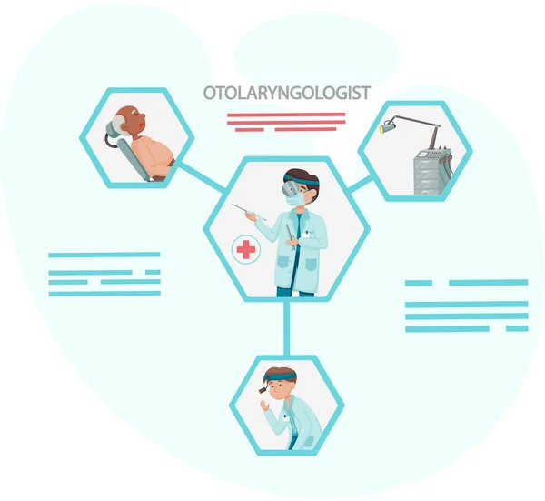 Médico de otomología con paciente. Otorrinolaringología medicina médica u otorrinolaringología enfermedades — Vector de stock