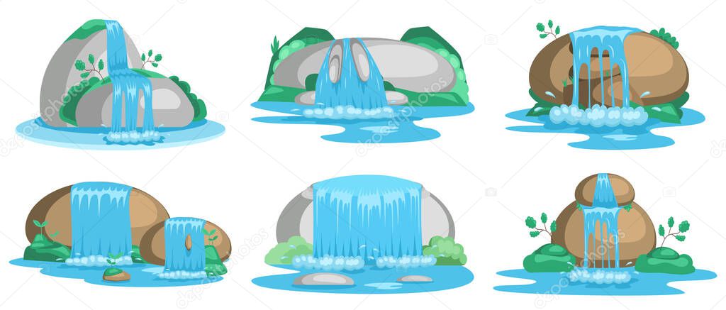 Set of waterfall. River waterfall falls from cliff white background. Water fall streams