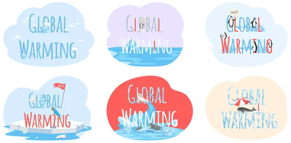 Illusztrációk az állatokról az éghajlatváltozás idején. A globális felmelegedés fogalma — Stock Vector