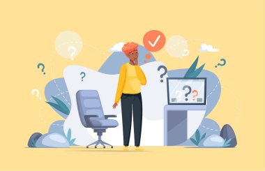 Karışıklık. Şüpheli kişi soru işaretleriyle çevrili. Sorular ikilemi