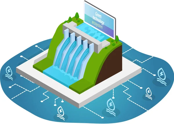 Central hidroeléctrica para energia alternativa. Barragem com água para produção de electricidade — Vetor de Stock
