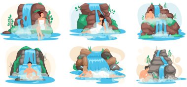 Adam göldeki suda kaya ve şelale sahnelerinin yanında oturuyor. Sıcak nehri olan temiz doğa