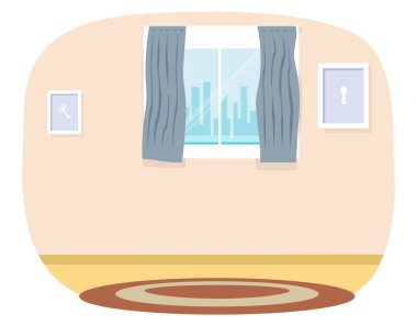 Pencereli, perdeli, çerçeveli resimli karikatür oturma odası. Kapalı mobilya tasarımı