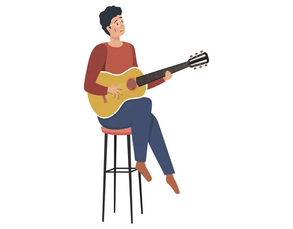 L'uomo canta canzoni. Un tizio seduto con la chitarra isolata sul bianco. Chitarrista che fa melodia a casa — Vettoriale Stock