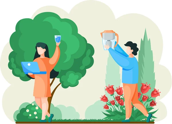 As pessoas bebem água pura filtrada enquanto caminham no parque, filtro de água doméstico ao ar livre no jardim — Vetor de Stock