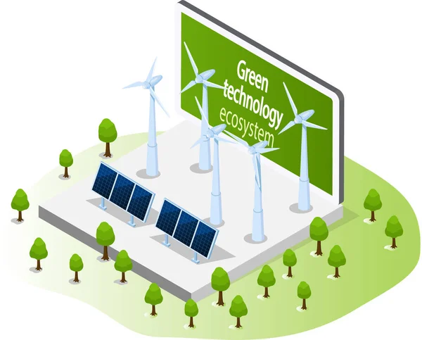 태양열 패널 과 환경 친화적 인 전기 생산을 위한 풍력 터빈. 대체 에너지 원 — 스톡 벡터