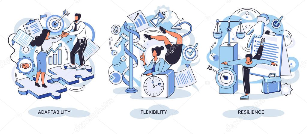 Personal quality concept vector illustrations set. Adaptability, flexibility and resilience. Creative metaphor