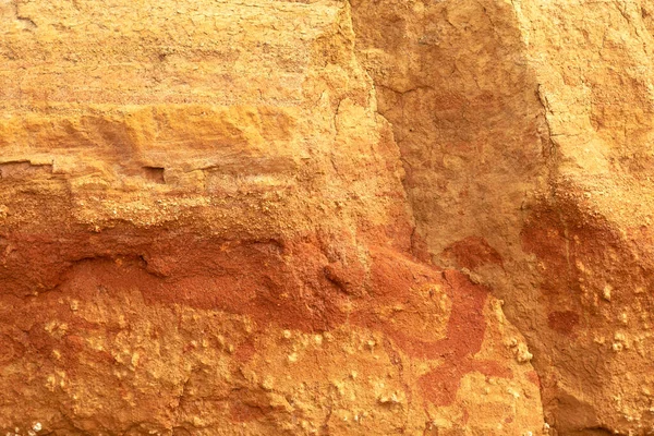 A vertical sand wall texture of yellow-orange ocher sandstone on the coast, on a sunny day, natural organic background in beige sand colors with copy space.