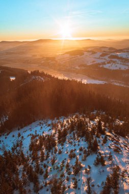 Kralicky Sneznik zirvesinden Kartal ve Jesenik dağlarına kış günbatımında panoramatik manzara. Kar bir sürü ağaçla tepede uzanıyor..