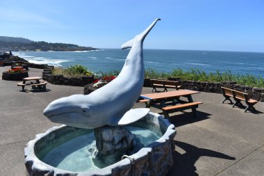 Oregon sahilindeki Depoe Körfezi 'nde balina heykeli ve çeşme..  