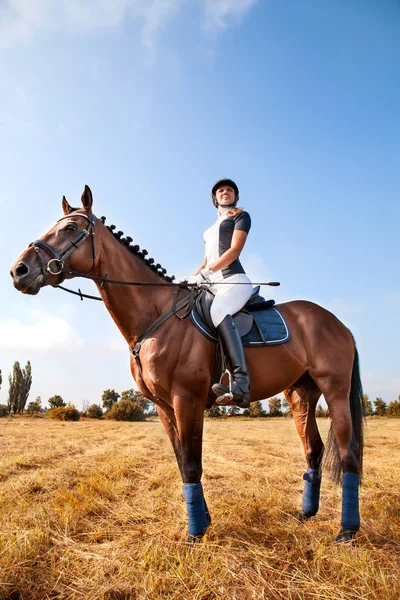 Porträtt av vackra unga ryttarinna sitter på en häst. — Stockfoto