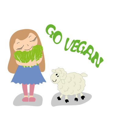 Motivasyon alıntısı. Vejetaryen ol. Kuzuyla sevimli komik kız. Logolar için resim, giysiler, çantalar, çıkartmalar, afişler, vejetaryen kafeler. Vejetaryen ol ve yeşil harflerle yaz..