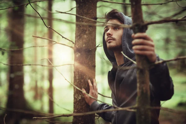 Um tipo encapuzado na floresta — Fotografia de Stock