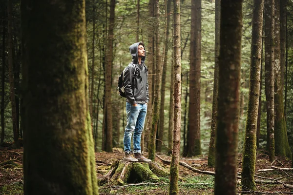 Muž v kapuci pózuje v lese — Stock fotografie
