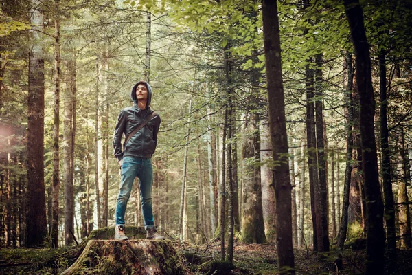 Zelfverzekerde man permanent in het forest — Stockfoto