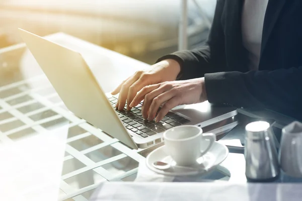 Businesswoman working at the bar hands close up Stock Picture