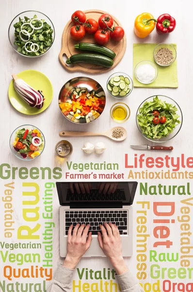 Leter etter sunne vegetariske oppskrifter på nettet – stockfoto