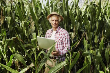 Farmer using a laptop in the field