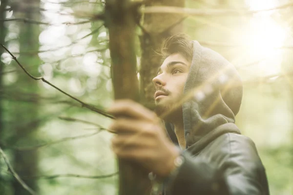 Homme à capuche dans les bois — Photo