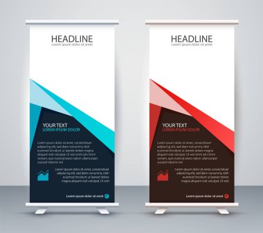 Standee 'nin işi bitti. Tasarım Sancak Şablonu Sunumu ve Broşür Uçucu Vektörü.
