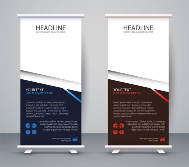 Standee 'nin işi bitti. Tasarım Sancak Şablonu Sunumu ve Broşür Uçucu Vektörü.