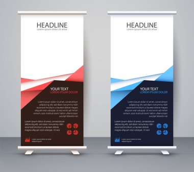 Standee 'nin işi bitti. Tasarım Sancak Şablonu Sunumu ve Broşür Uçucu Vektörü.