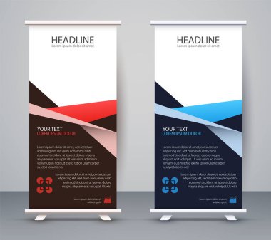 Standee 'nin işi bitti. Tasarım Sancak Şablonu Sunumu ve Broşür Uçucu Vektörü.