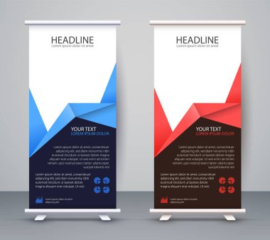 Standee 'nin işi bitti. Tasarım Sancak Şablonu Sunumu ve Broşür Uçucu Vektörü.