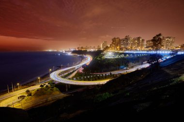 Night view of Miraflores, Lima, Peru, illuminated coastal highway, city skyline, and Pacific Ocean under a colorful sunset sky.