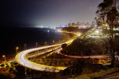 Night view of Miraflores, Lima, Peru, illuminated coastal highway, city skyline, and Pacific Ocean under a colorful sunset sky.