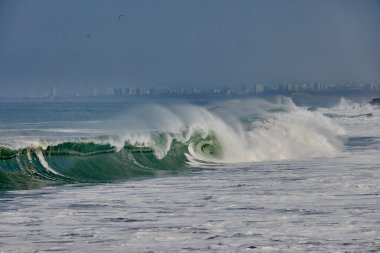 Güçlü bir Pasifik dalgası, doğanın ham güzelliğini ve Perus 'un canlı kıyı manzarası boyunca gezginler ve turistler için ilham verici dinamik deniz çevresini gözler önüne sererek Lima' nın sahil şeridine akmaktadır..