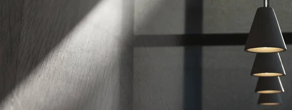 Güneş ışığı altında gri lamba asılı dramatik oda mimarisi iç afiş arka planı