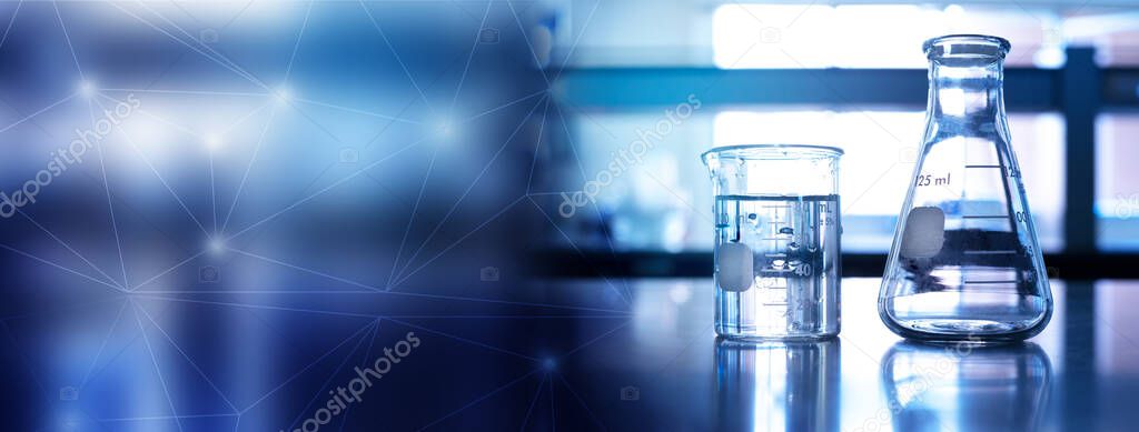 flask and beaker equipment in medical health science line of technology banner background