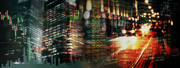kırmızı yeşil mum çubuk grafik çizgisi ticaret pazarı hisse senedi ve indeks numarası Işıltılı şehir ışık pankartı iş arka planı
