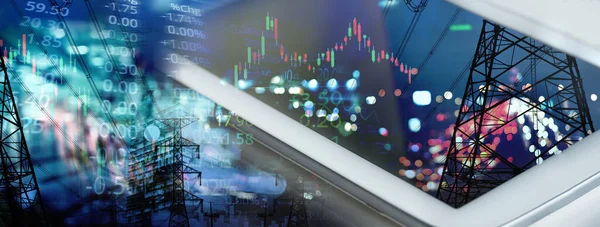 cep telefonu ya da tablet, borsa ticaret teknolojisi afiş arkaplanının grafik çizgisi