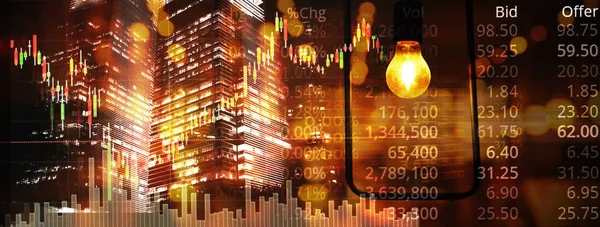 Ticaret borsasının mum çubuğu grafik çizgisi ve parlak bulanık şehir lambası ışıklı afiş arka planındaki indeks numarası