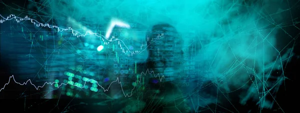 Siyah mavi dijital teknoloji üzerinde piyasa ticaret endeksi numarası ve grafiği bulanık ışık çizgisi ve insan gölgesi beyaz web afişi iş geçmişine sahip şehir