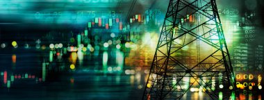 şehir ışığı ve elektrik ve enerji tesisi endüstrisi ve iş yeşil bayrağı ile piyasa grafiği ve bilgileri