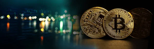 Altın para modeli ve kripto para birimi finansmanı için borsa grafiği Banner City hafif kara fon üzerinde 