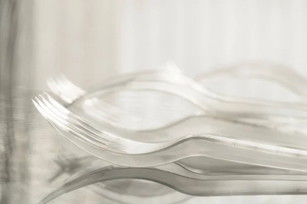 Still Life White Transparent Plastic Disposable Forks Take Away Food — Stock Photo, Image