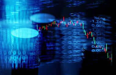 Madeni para yığını ve tıbbi sağlık bilimleri sektöründe kırmızı ve yeşil borsa grafiği mavi pankart  