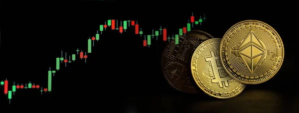 Golden Ethereum Bit Coin Model Stock Market Graph Crypto Currency — Stock Photo, Image