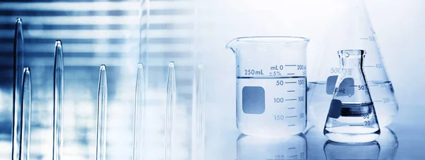 Water Flask Clear Beaker Glassware Pipette Tube Blue Chemistry Science — Stock Photo, Image