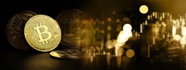 Altın para modeli ve kripto para birimi finans sektörü için borsa grafiği ve afiş siyah arka planda şehir ışığı